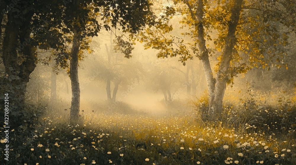 Fototapeta premium Serene Misty Forest Scene with Sunlight Filtering Through Trees