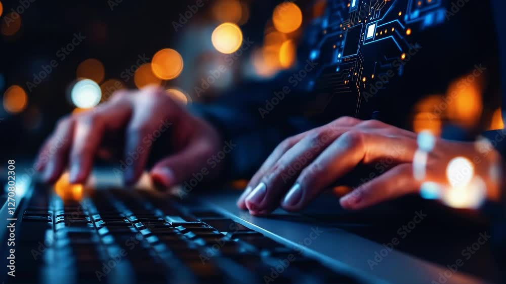 Close-up of hands typing on a laptop with digital circuit graphics and bokeh lights in the background Close-up of hands typing on a laptop with digital circuit graphics and bokeh lights in the background