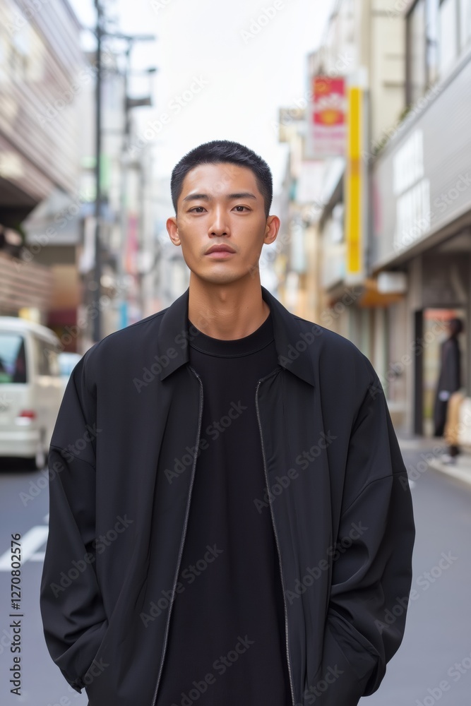 Fototapeta premium A young man wearing a black jacket and shirt stands on a city street. He is looking straight ahead, seemingly lost in thought. The street is lined with cars and a few other people are walking by