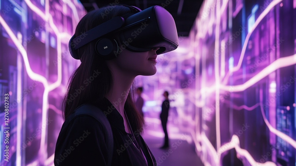 Woman exploring virtual reality, futuristic corridor, digital display background. Use Technology, innovation Woman exploring virtual reality, futuristic corridor, digital display background. Use Technology, innovation