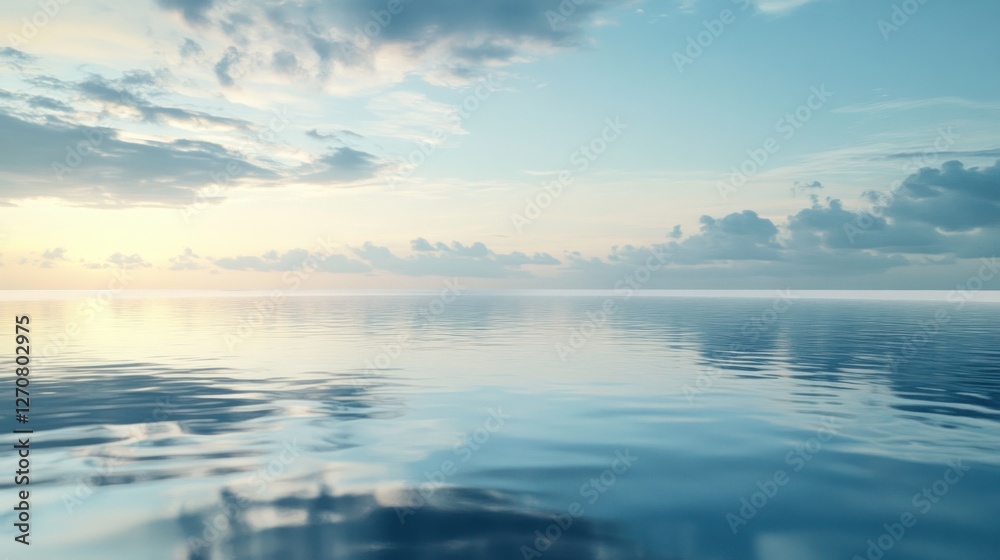 Fototapeta premium Calm ocean sunset, tranquil sky reflection, peaceful seascape, background ideal for travel
