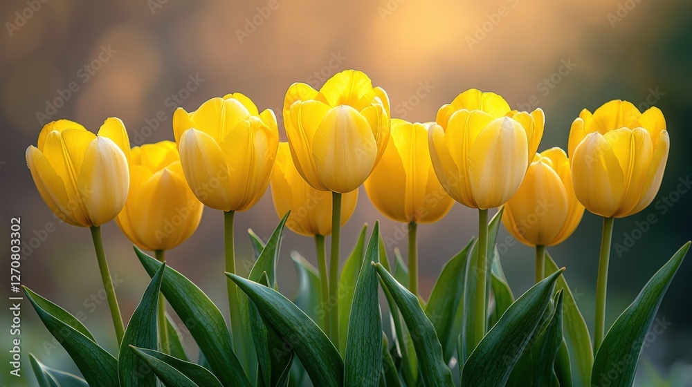 Obraz premium Vibrant Yellow Tulips in Full Bloom Against a Soft Sunrise Background