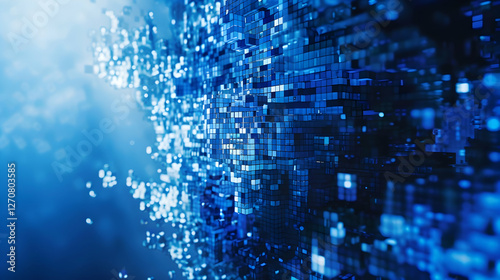 Abstract digital background with blue pixels creating a flowing pattern, suggesting technology