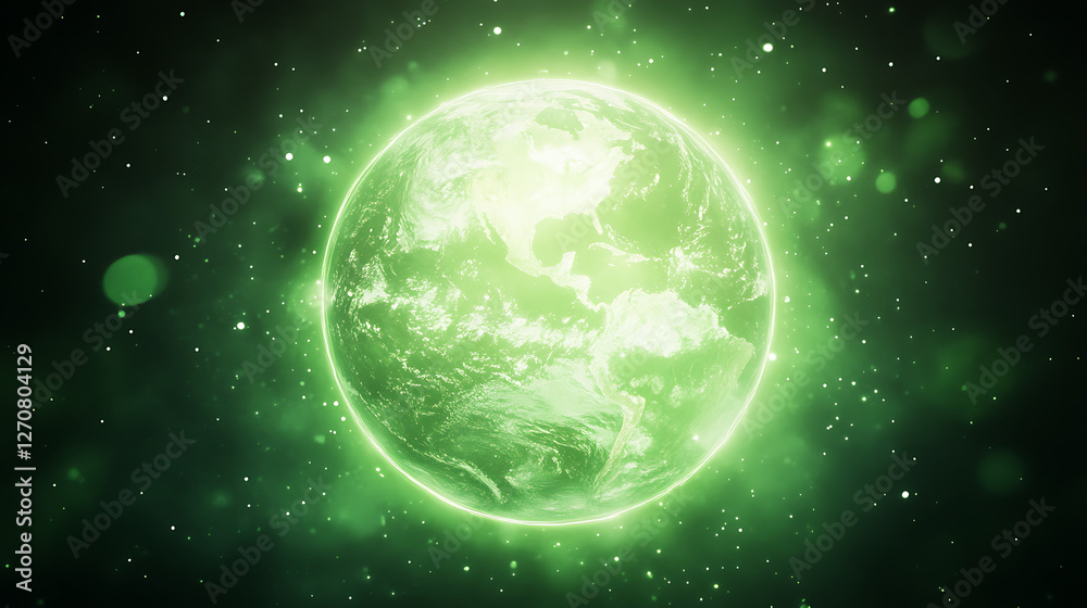 Radiant Earth Glowing in Emerald Hues Amidst a Starry Nebula Displaying Continents and Celestial Beauty Radiant Earth Glowing in Emerald Hues Amidst a Starry Nebula Displaying Continents and Celestial Beauty