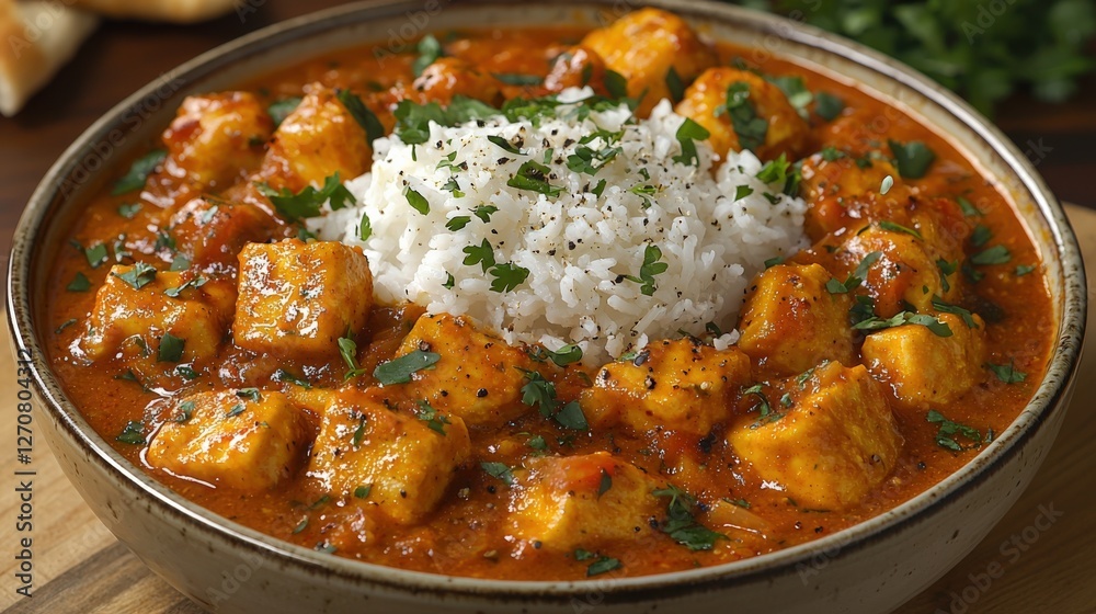 Delicious Paneer Tikka Masala with Rice and Fresh Herbs in a Bowl Delicious Paneer Tikka Masala with Rice and Fresh Herbs in a Bowl