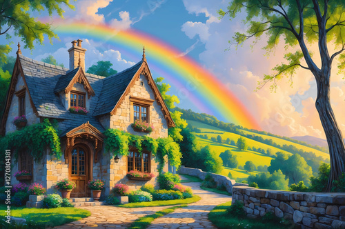 Idyllic Stone Cottage in a Vibrant Countryside, with Rolling Hills, Blooming Vines, a Majestic Rainbow, and Warm Light Casting Shadows, Evoking a Picturesque and Serene European Folk Art Scene
