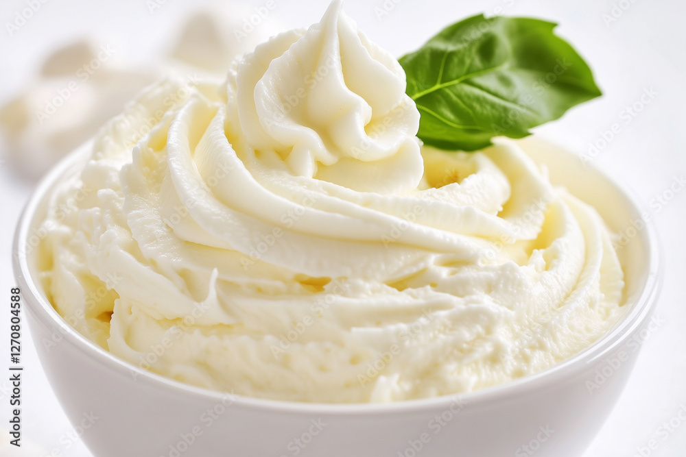 Whipped cream in a white bowl, creamy dessert topping on neutral background Whipped cream in a white bowl, creamy dessert topping on neutral background