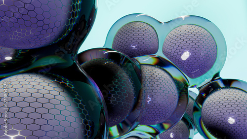 3D hi-tech bubbles with hexagonal patterns and reflections