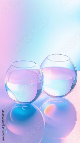 Bildbeschreibung: Zwei Glasschalen mit Wasser auf einem pastellfarbenen Hintergrund. Das durchscheinende Glas und die Wasseroberfläche reflektieren sanft das weiche rosa-blaue Licht