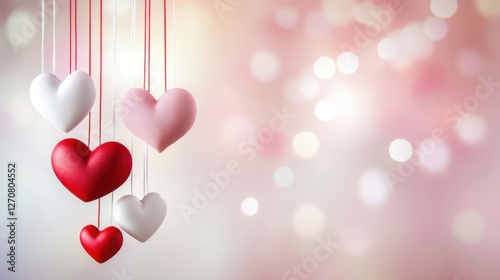 Valentine-themed card design with red, white, and pink hearts hanging from strings on a soft rose background. Ample space for text