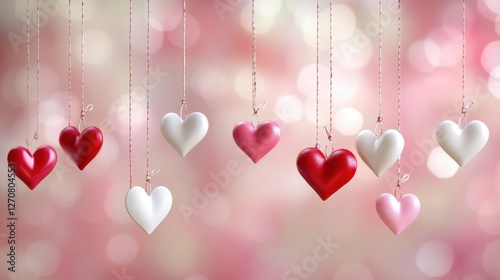 Valentine-themed card design with red, white, and pink hearts hanging from strings on a soft rose background. Ample space for text