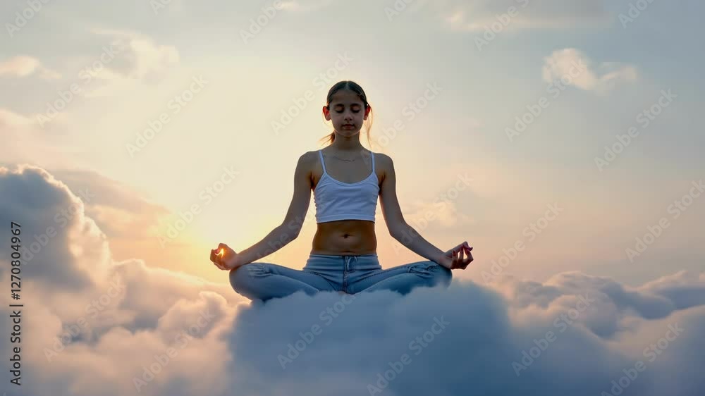 A person meditating in the clouds, with a peaceful, serene atmosphere that reflects calmness and mindfulness. Ideal for relaxation and wellness themes. A person meditating in the clouds, with a peaceful, serene atmosphere that reflects calmness and mindfulness. Ideal for relaxation and wellness themes.