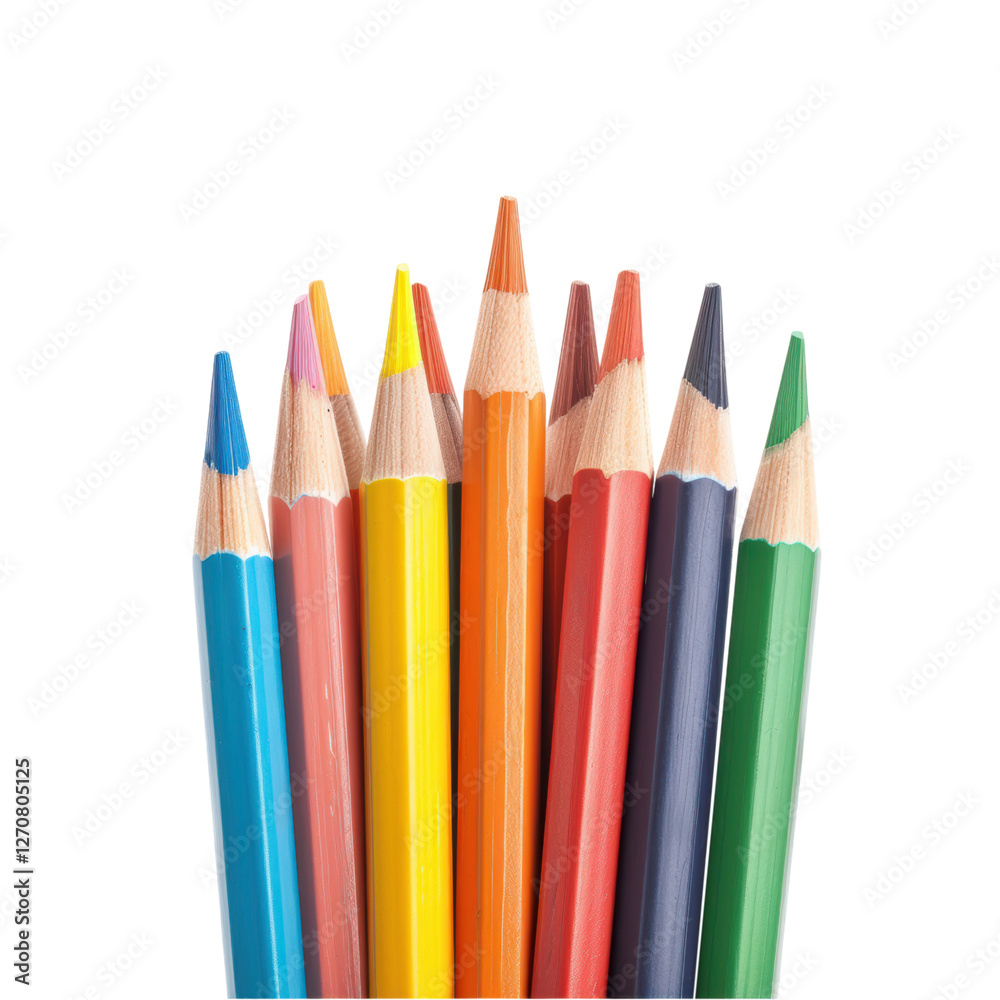Colored pencils arranged in a vibrant display on transparent background Colored pencils arranged in a vibrant display on transparent background