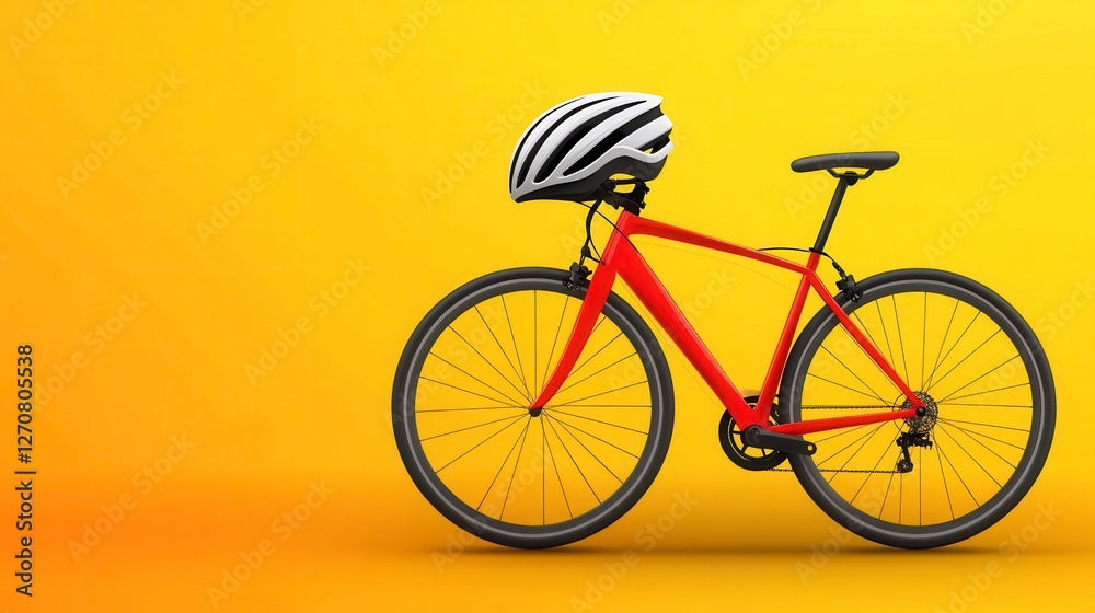 Fototapeta premium Minimalist Design of a Red Bicycle with a Cycling Helmet on a Yellow Background