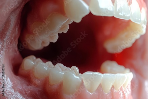 Close-up of an open mouth revealing upper and lower teeth, gums, and oral cavity. Image shows detail of tooth structure and gum tissue photo