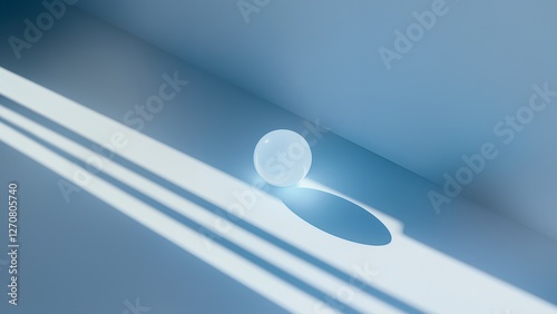 Abstrakte Fotografie von einem hellen runden Objekt, das Schatten auf eine blaue Oberfläche wirft. Die klaren Linien und minimalistischen Elemente schaffen eine meditative Stimmung