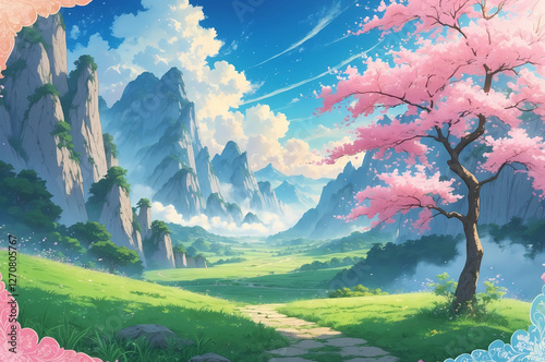 Vibrant Anime-Inspired Valley with Misty Mountains, a Blooming Cherry Blossom Tree, a Meandering Stone Path, and a Pastel Ornate Border, Evoking Tranquility and Enchantment