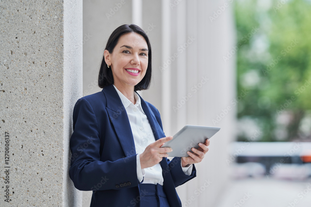 Business woman using a tablet outdoors in a city setting Business woman using a tablet outdoors in a city setting