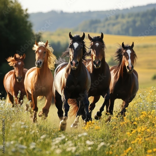Horses galloping field sunset rural freedom