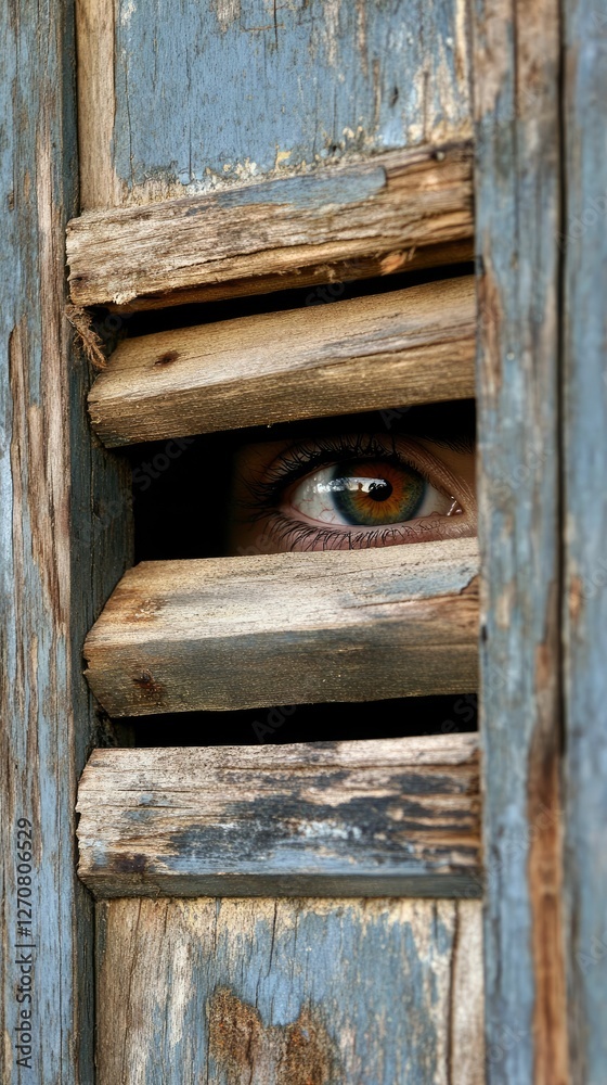 Eye peering through weathered wooden slats. Eye peering through weathered wooden slats.