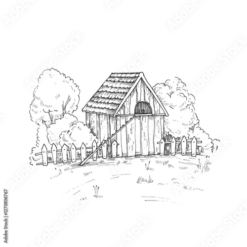Farm landscape scene with chicken coop, fence, trees and bushes. Vector black and white illustration hand drawn with ink.