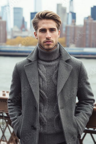 Man in stylish coat and sweater standing on bridge over river photo