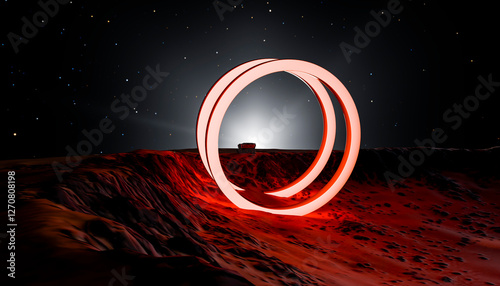 3D render of a glowing abstract circle on a Martian landscape at night