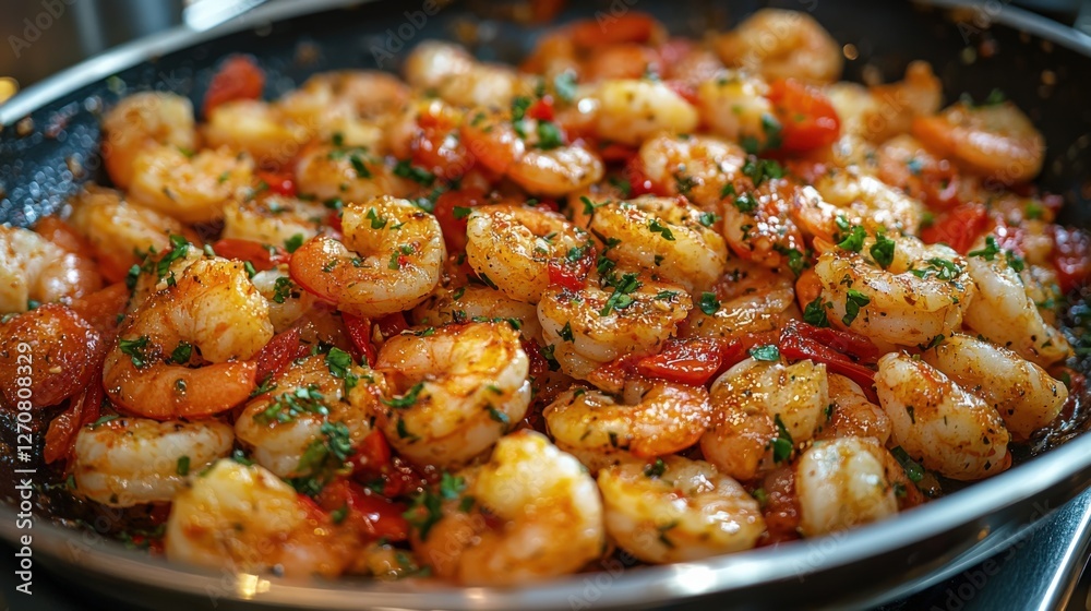Delicious Spicy Shrimp with Fresh Herbs in a Pan, Gourmet Seafood Dish Delicious Spicy Shrimp with Fresh Herbs in a Pan, Gourmet Seafood Dish