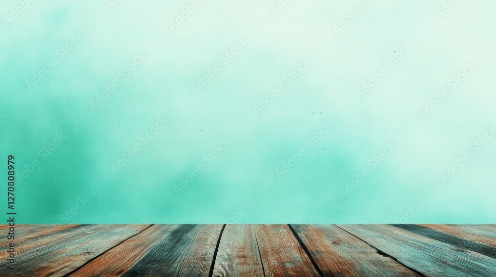 Fototapeta premium A serene wooden tabletop against a soft turquoise background, perfect for product display and photography