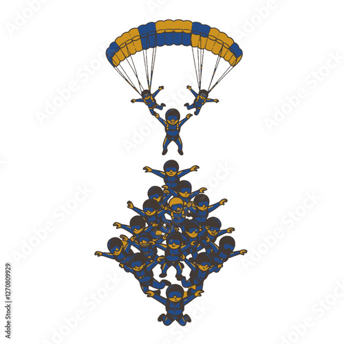 Team of Skydivers Forming a Coordinated Parachute Formation in Midair