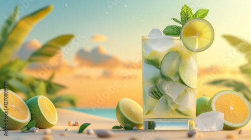 Refreshing beverage with mint and citrus during sunset at a tropical beach