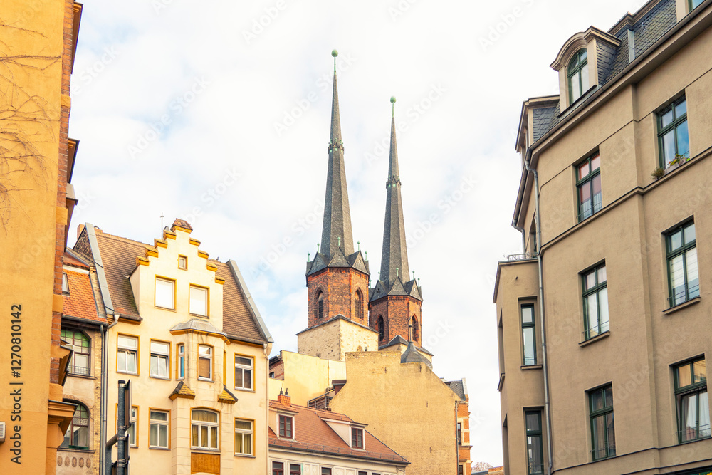 View of the historic St. Mary church spires in Halle's old city, Germany View of the historic St. Mary church spires in Halle's old city, Germany
