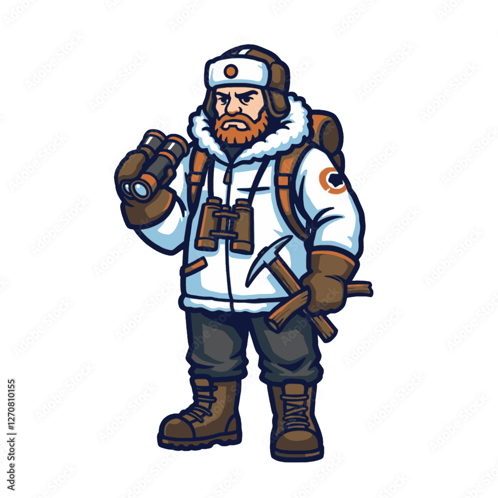 Obraz premium Explorer Cartoon Character in Arctic Outfit with Essential Tools