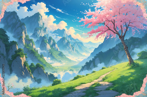 Vibrant Anime-Inspired Valley with Misty Mountains, a Blooming Cherry Blossom Tree, a Meandering Stone Path, and a Pastel Ornate Border, Evoking Tranquility and Enchantment