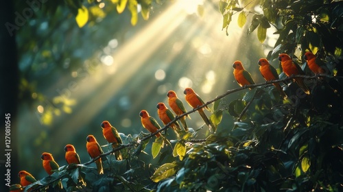 Colorful birds perched on branches with sunlight filtering through leaves in ...
