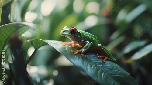 Bright red-eyed tree frog perched on green leaf in lush environment