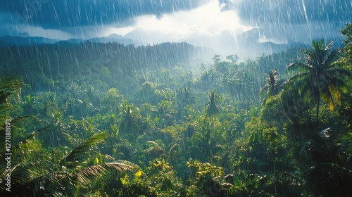Rain pours over a lush rainforest landscape under dark storm clouds