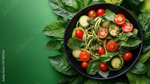 Fresh vegetable salad with pesto dressing displayed on green background