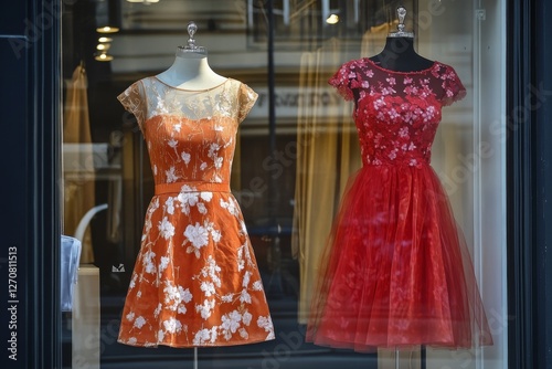 Floral dresses displayed in a boutique window showcasing vibrant colors and e...