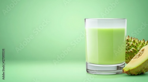 Minimalist Still Life of Glass with Cherimoya Juice on Green Background