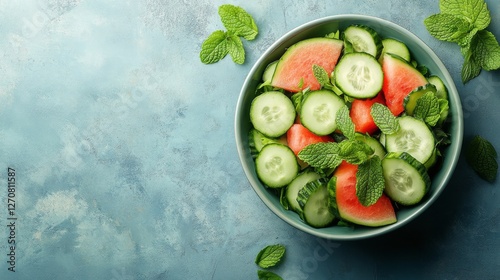 Fresh watermelon and cucumber salad garnished with mint on a light blue backg...