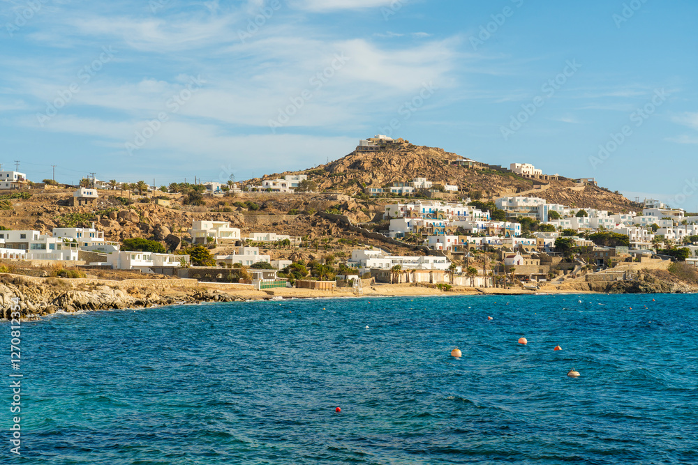 Scenic view of Mykonos island with white buildings and Aegean Sea in autumn Scenic view of Mykonos island with white buildings and Aegean Sea in autumn