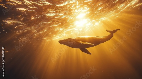 Majestic humpback whale gliding gracefully through golden underwater rays