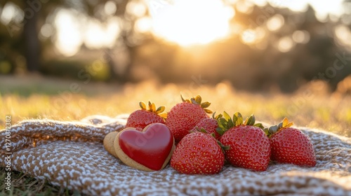 Sunny picnic with heart-shaped cookies and strawberries by the water in a vib...