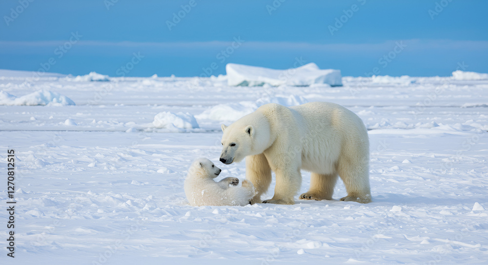 A curious polar bear cub playfully exploring a snowy terrain, with its mother watching closely nearby under a crisp, blue Arctic sky. A curious polar bear cub playfully exploring a snowy terrain, with its mother watching closely nearby under a crisp, blue Arctic sky.