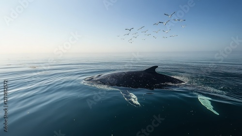 Whale swims peacefully in tranquil waters with seagulls flying above at dawn