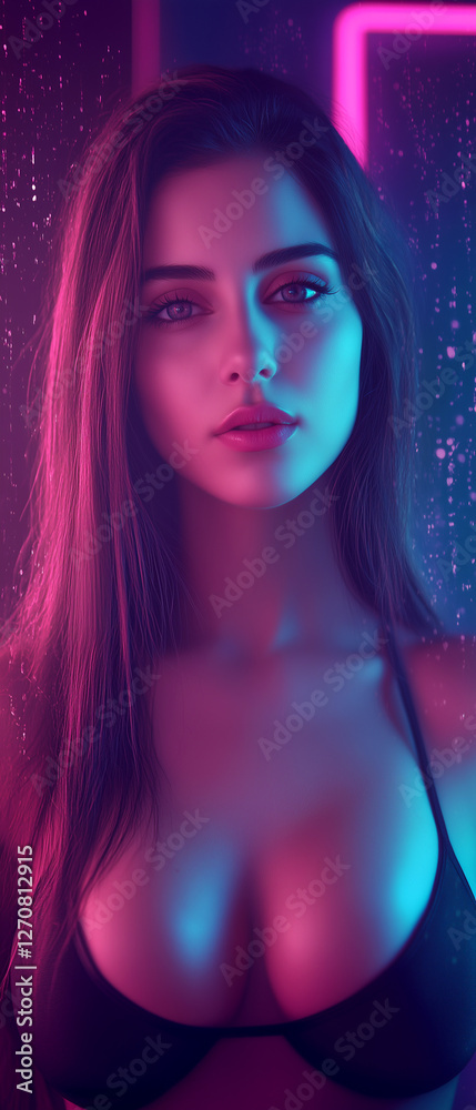Obraz premium Woman with long hair and a black bikini top is shown in a neon pink background. The image has a bold and vibrant feel to it, with the neon pink color dominating the scene