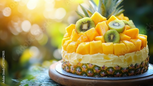Delicious tropical cheesecake topped with fresh fruit near a beautiful ocean ...