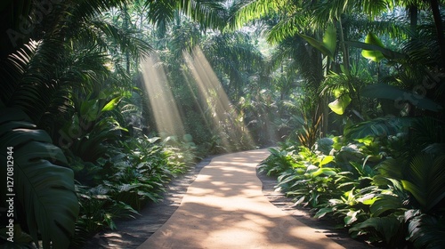 Lush pathway through vibrant tropical rainforest illuminated by soft sunlight
