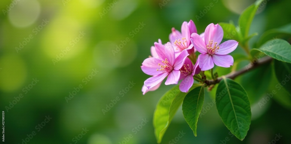 Delicate purple pink flowers adorn a lush green branch of Crepe Myrtle tree, fresh, tree, garden Delicate purple pink flowers adorn a lush green branch of Crepe Myrtle tree, fresh, tree, garden